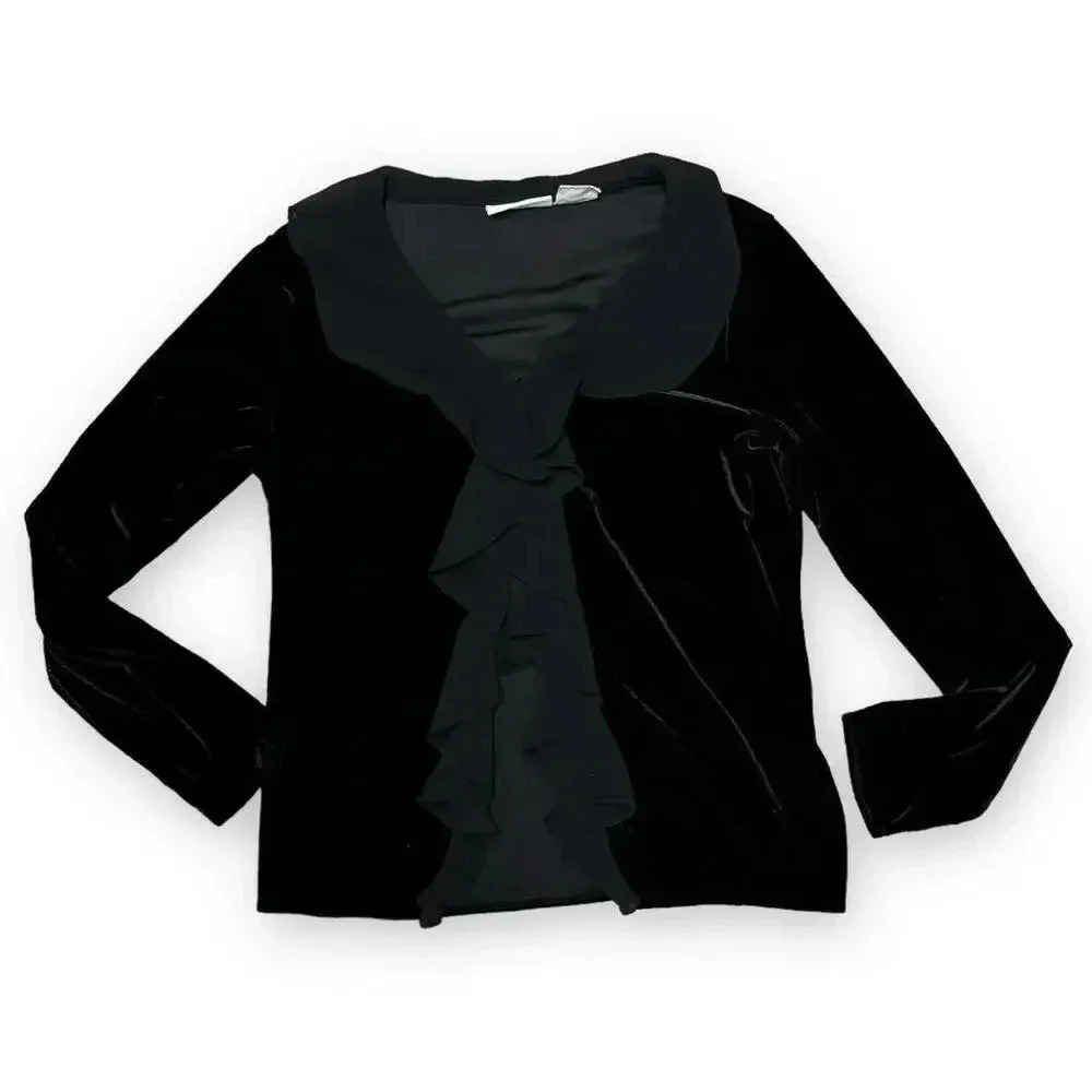 Jaclyn Smith Black Velour Ruffle Cardigan